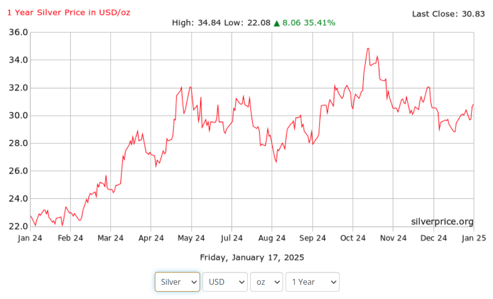 Silber Preis in USD/Unze Jan 2024 bis Jan 2025 ein plus von 35% 