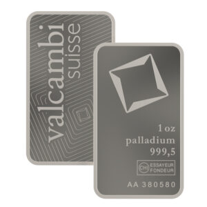 Vorderseite des 1 oz Palladiumbarrens von Valcambi mit Seriennummer