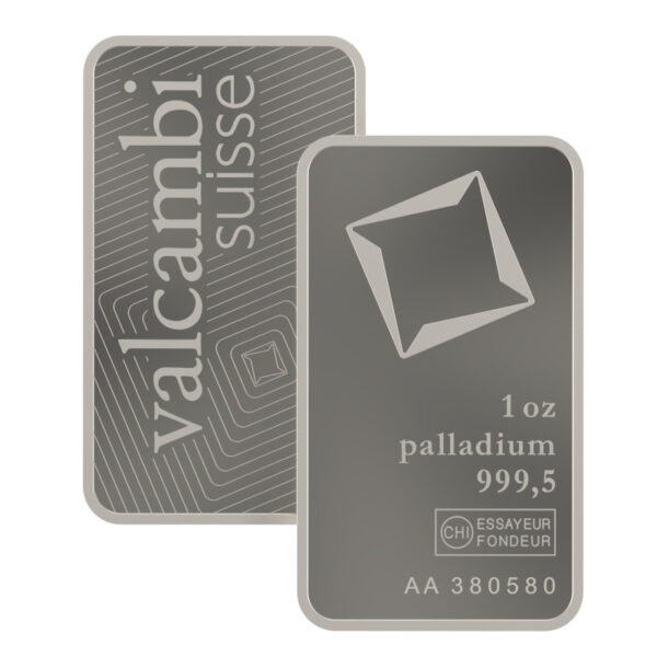 Vorderseite des 1 oz Palladiumbarrens von Valcambi mit Seriennummer