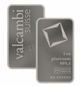 Vorderseite des 31,1 g Platinbarrens von Valcambi in Blisterverpackung