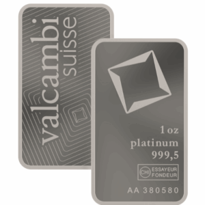 Vorderseite des 31,1 g Platinbarrens von Valcambi in Blisterverpackung