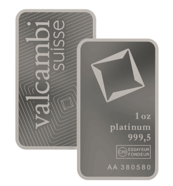 Vorderseite des 31,1 g Platinbarrens von Valcambi in Blisterverpackung